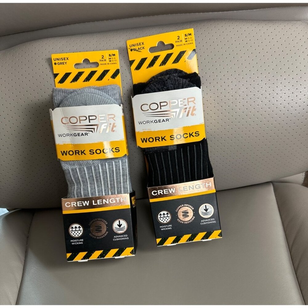 Copper Fit Workgear Unisex Crew Length Work Socks 2-Pack S/M Black & Grey